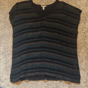 Eileen Fisher Black & Green Striped Cap Sleeve Blouse | Size L/XL
